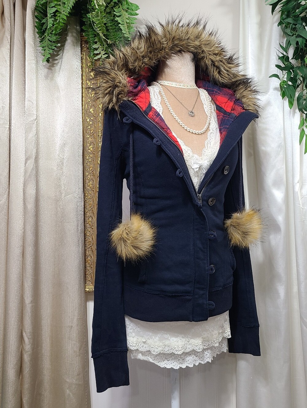 Vintage Abercrombie ♡ Y2K ♡ Navy Blue Plaid Lining Hoodie Faux Fur Hood Trim - Picture 4 of 9